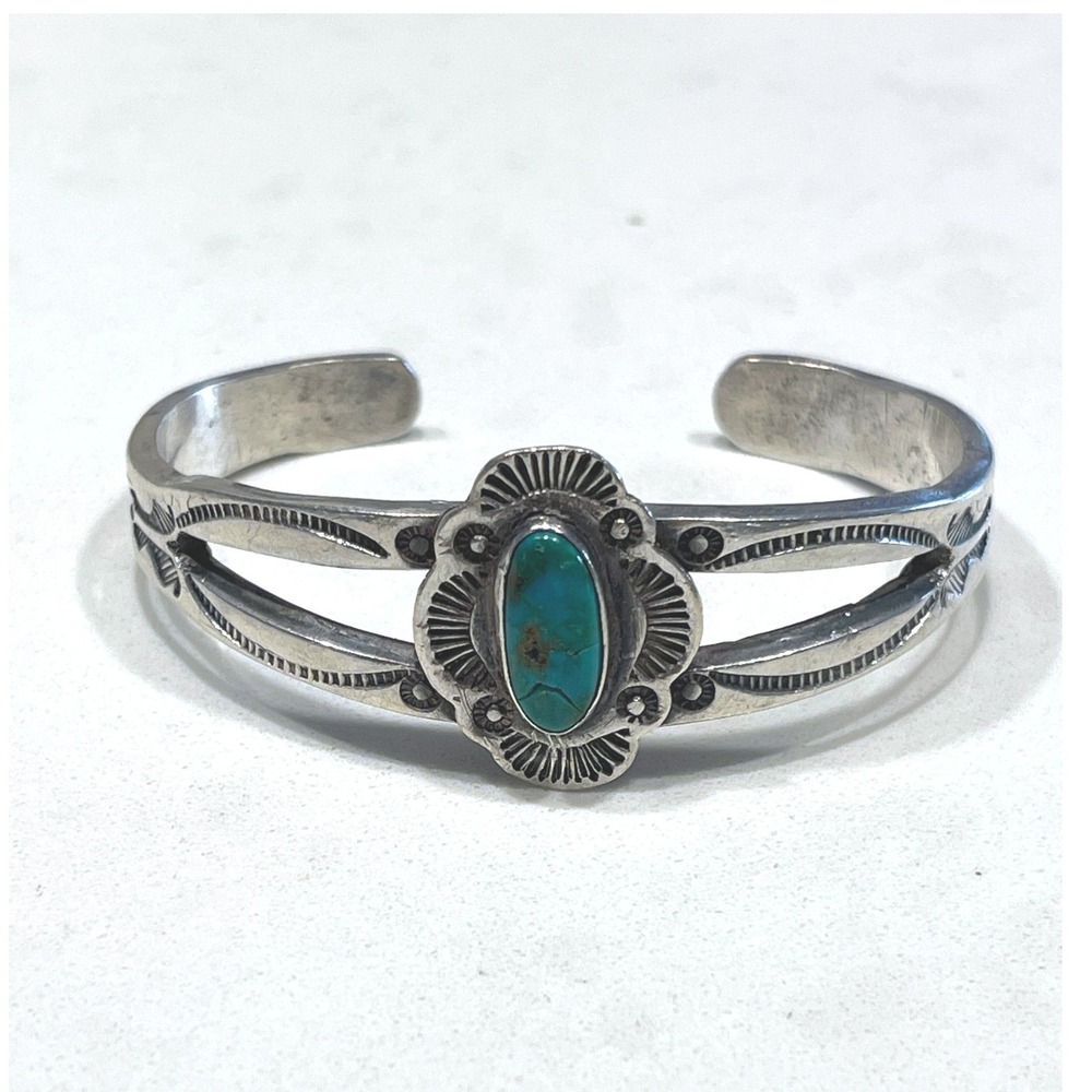 Vintage Sterling Silver Turquoise Cuff Bracelet 30g Split Shank Southwestern